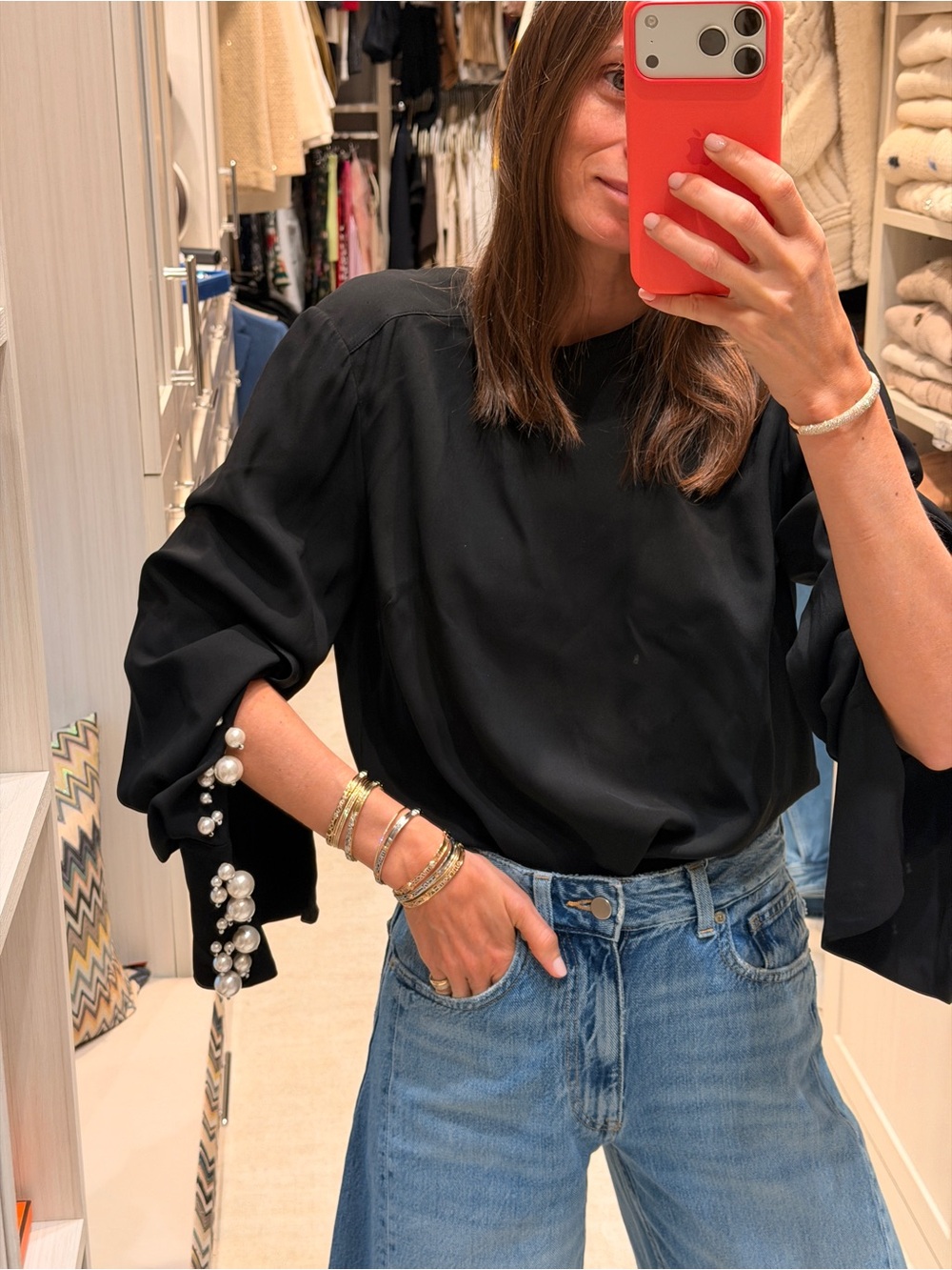Oscar de la Renta Black Pearl-Embellished Sleeve Blouse
